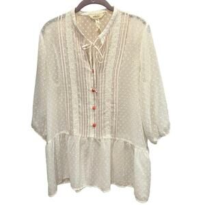 Matilda Jane White Swiss Dot Peplum Medium Lace Trim Tie Neck Cottagecore Top